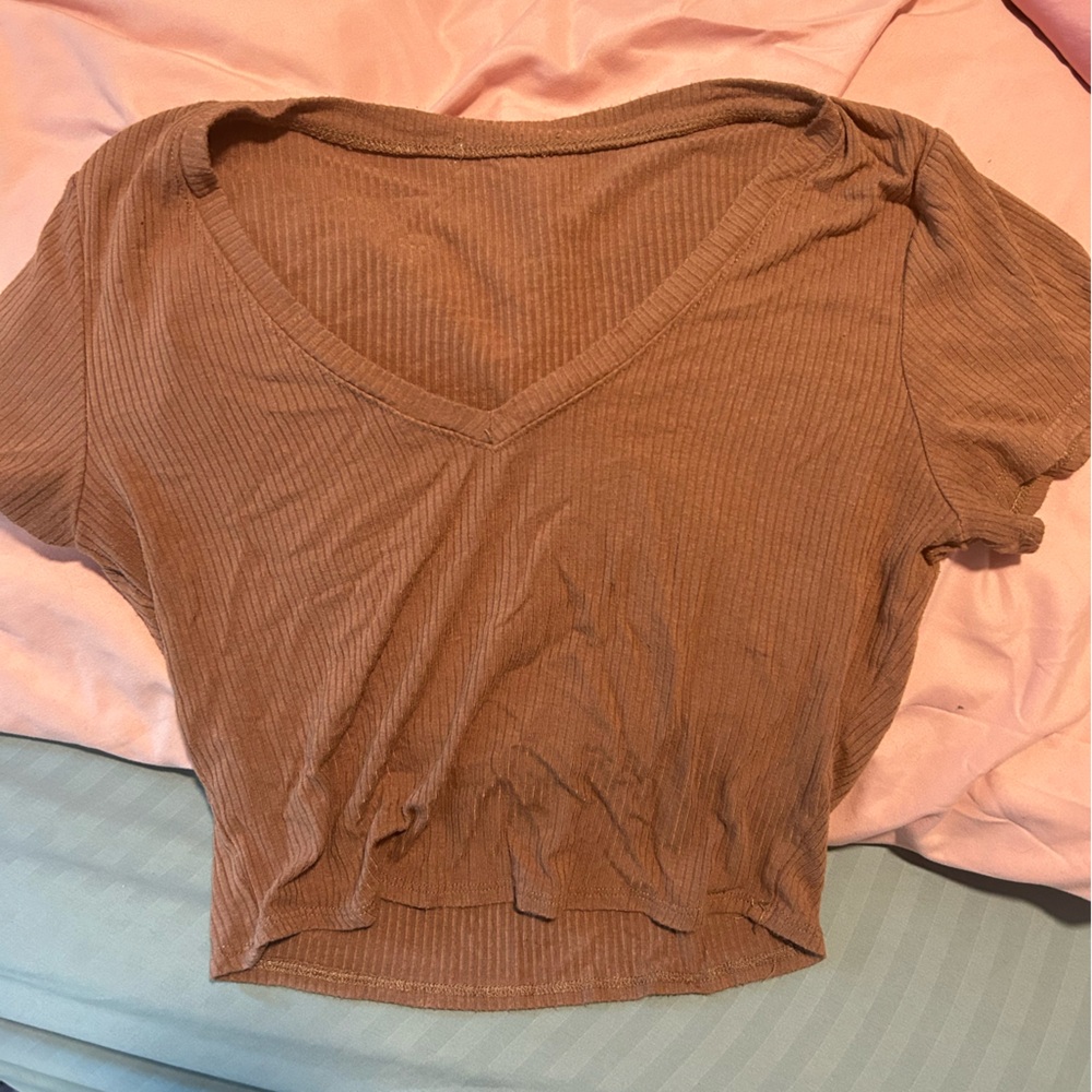 Women's Ribbed V-Neck Top Light brown